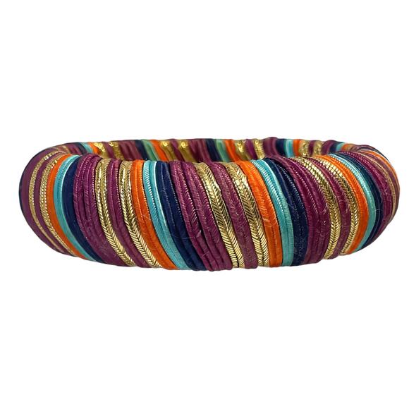 1980s Purple Turquoise Coral Navy Gold Wrapped Fabric Cord Bangle Bracelet - Picture 2 of 5